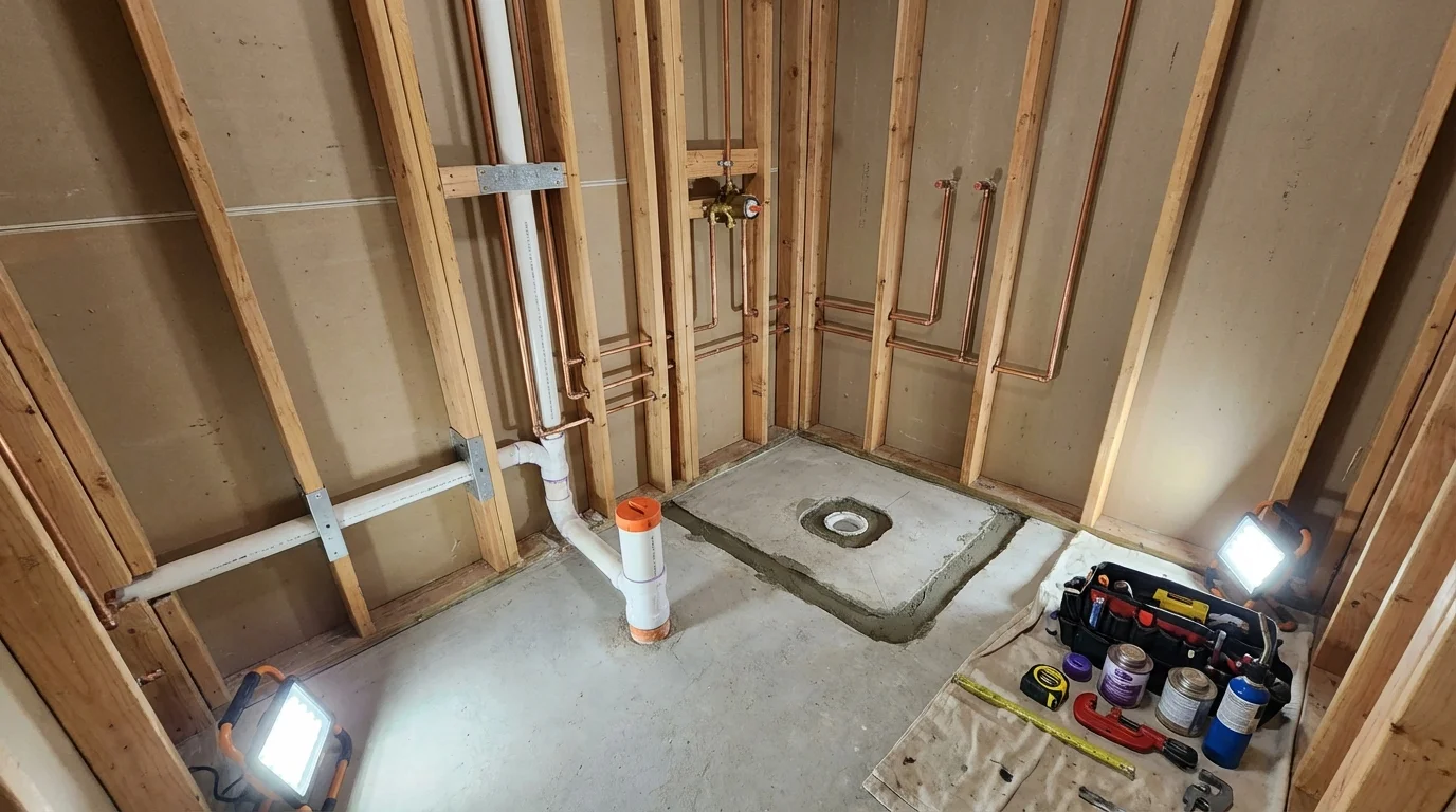 Bathroom rough-in plumbing during remodel by Johns Plumbing LLC in Greenock