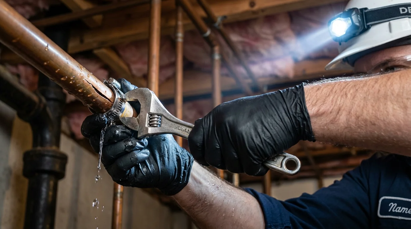 Emergency pipe clamp repair being performed by a Johns Plumbing LLC plumber in Greenock
